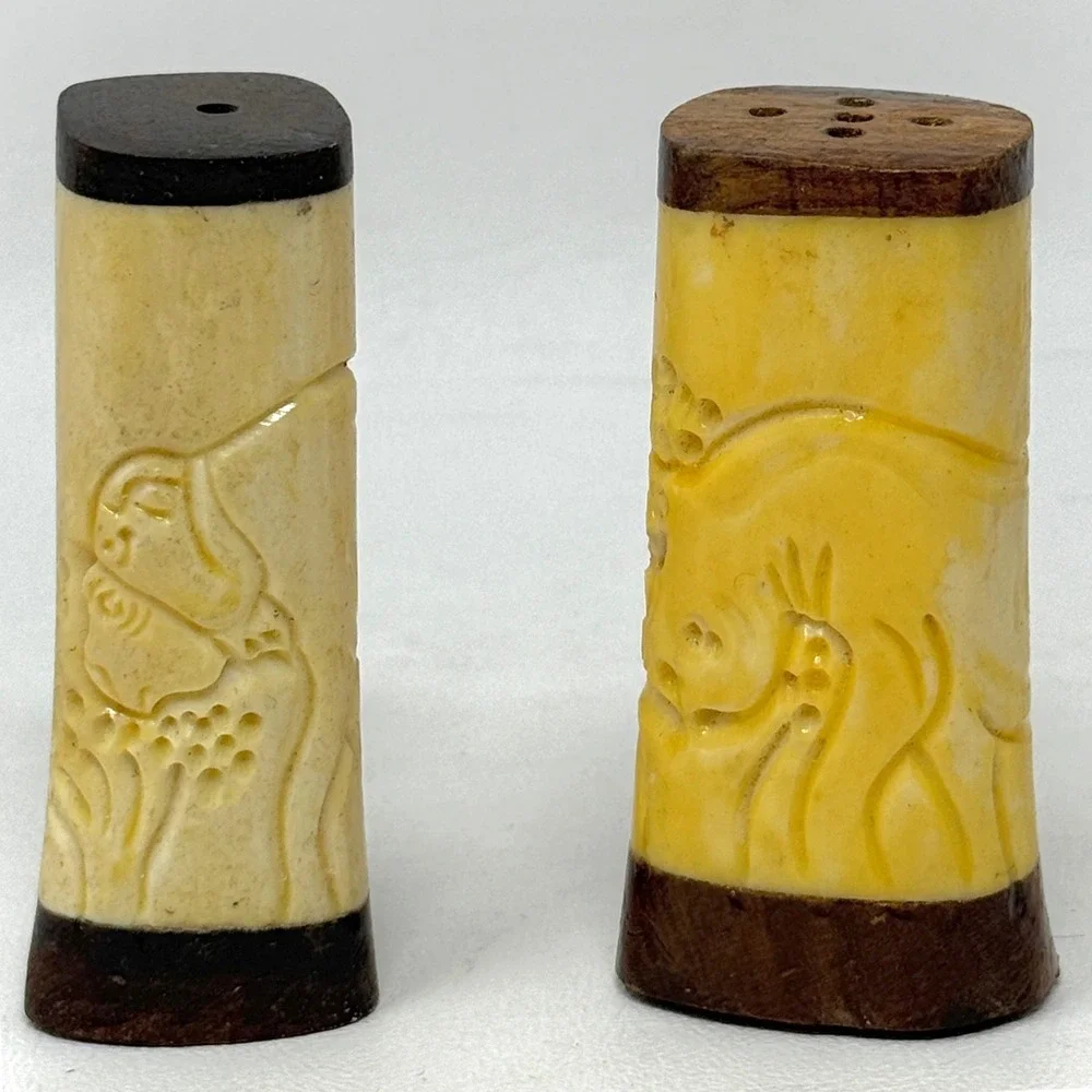 Bone Carved Salt Pepper Shaker Set Rhino Water Buffalo Wood  3